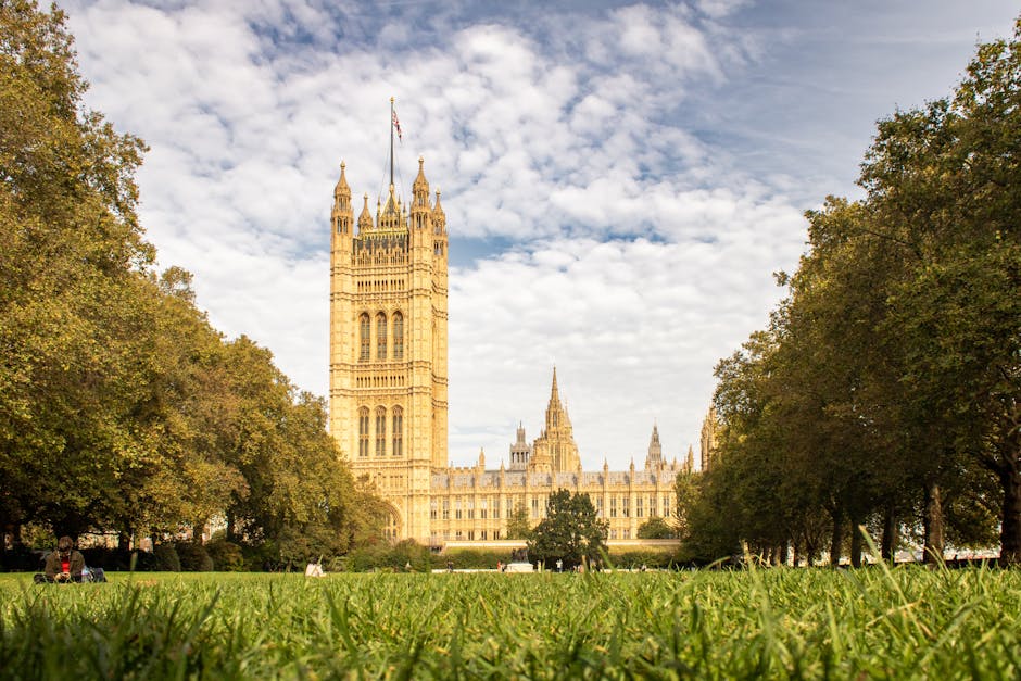 A wide-angle view of the Palace of Westminster, also known as the Houses of Parliament, taken from a low perspective on a grassy area in Westminster, London. The prominent clock tower, known as Big Ben, stands upright on the left side of the image, constructed from beige-colored stone with intricate Gothic architectural details and a pointed spire at the top. Surrounding the building are lush trees with green, slightly autumnal foliage framing the scene on both sides. The sky above is partly cloudy with patches of blue visible between white, fluffy clouds, illuminating the historic structure with natural sunlight. In the foreground, well-maintained green grass covers the ground, contrasting with the stone facade of the palace. The setting suggests a public park area, likely used for leisure and sightseeing, characteristic of the environment where private or independent waste clearance services, such as those provided by Rubbish Clearance Westminster, can easily access for rubbish removal or on-site clearance tasks when maintaining the surroundings of such designated sites.